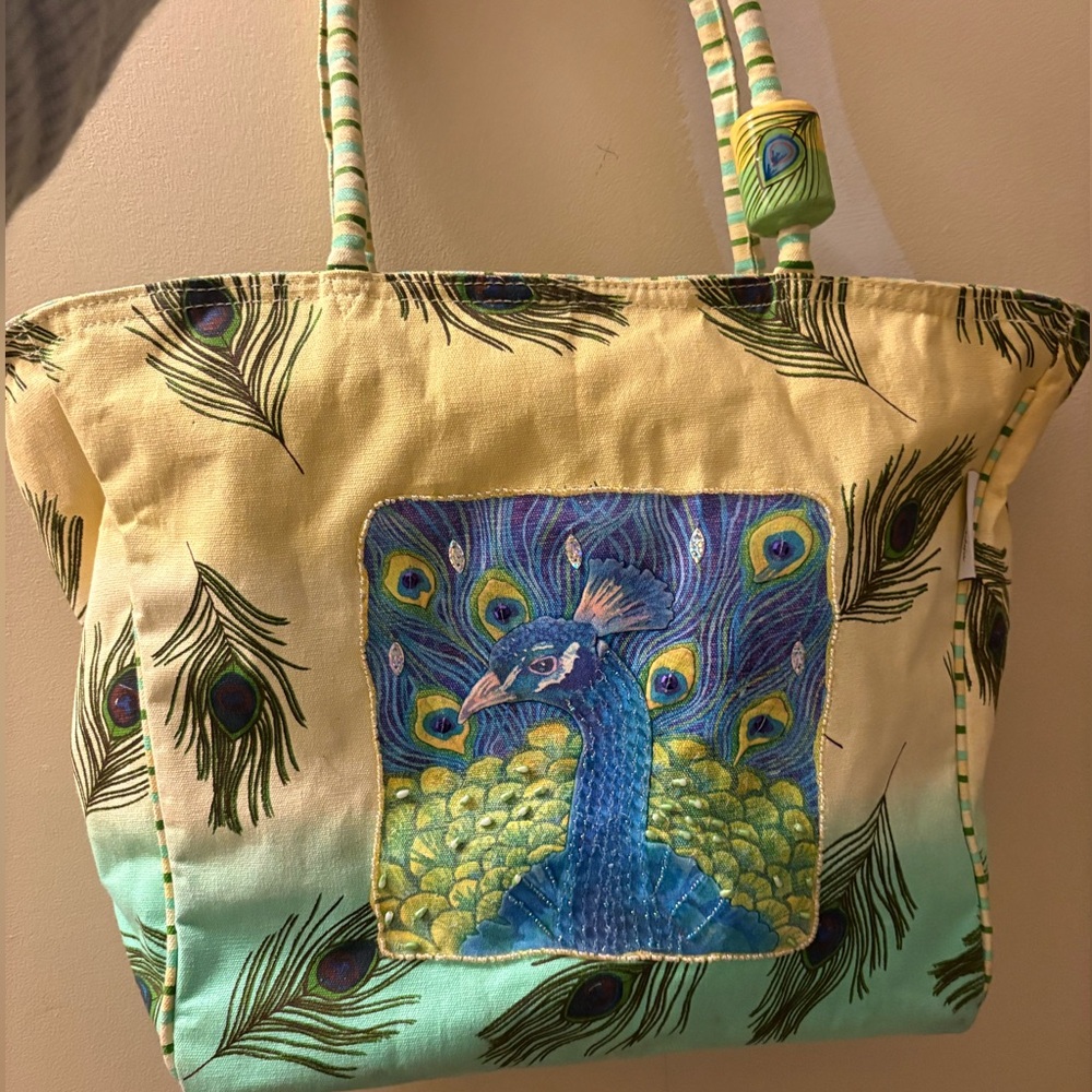 Artist Andrea Tachiera TOTE PEACOCK 🦚  💚💛 HAND PAINTED Beaded Embelishment